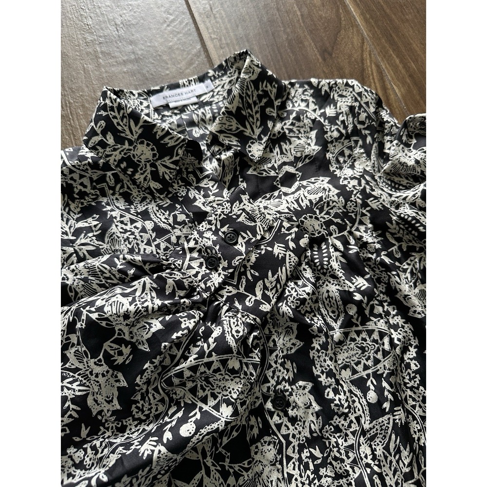 Frances Hart Black White Botanical Silk Button Down Blouse Top Small